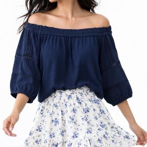 LOFT Off Shoulder Boho Peasant Blouse XS Navy Lace Trim Cottagecore Summer